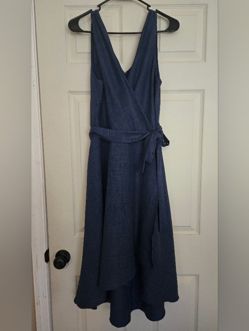 DKNY Sleeveless Navy Wrap Midi Dress with Tie Waist